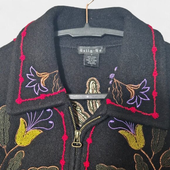 VTG 90s Tally-ho 100% Wool Floral Embroidered Zip Cardigan Jacket S Fall Artsy - Picture 4 of 9